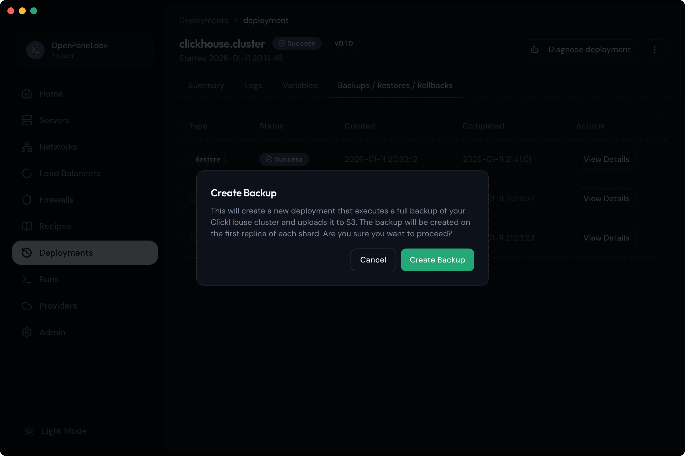 Manual backup trigger with progress indicator