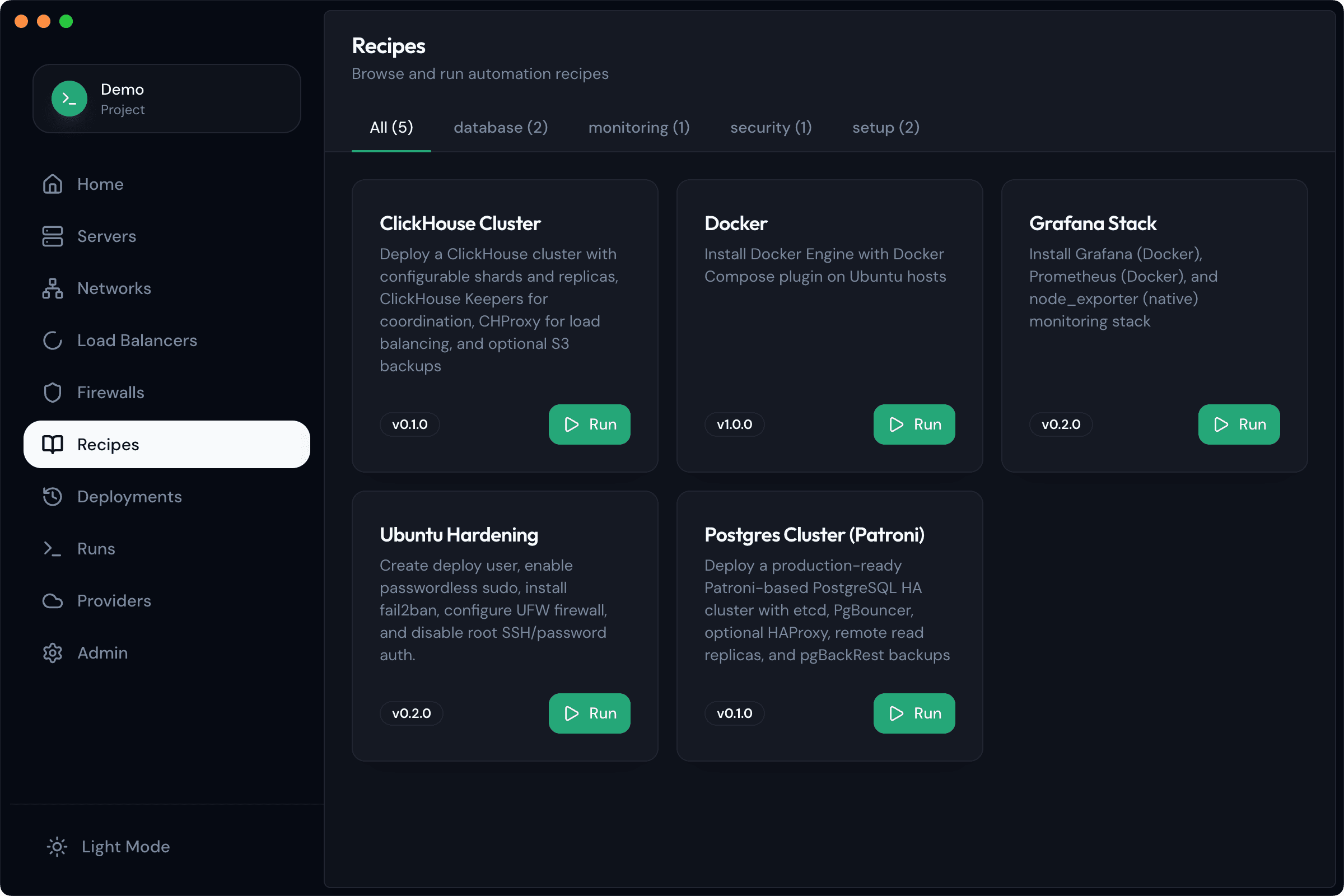 Recipe selection showing available cluster options